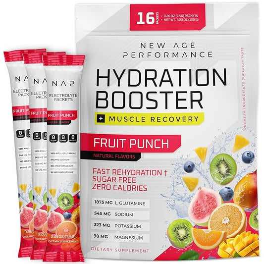New Age Performance Hydration Packets, Electrolytes Powder, Liquid Enhancer for Dehydration Relief, L-Glutamine Amino Acids for Muscle Workout Recovery, Sugar Free & 0 Calorie, 16 Sticks (Fruit Punch)