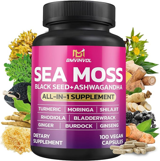 BMVINVOL Sea Moss Black Seed Shilajit Ashwagandha + Bladderwrack, Ginger, Moringa, Turmeric, Burdock, Ginseng, Rhodiola Rosea - 100 Capsules