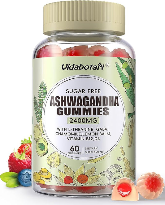 Sugar Free Ashwagandha Gummies 2400mg for Women & Men, Ashwagandha Gummy with L-theanine, GABA, Lemon Balm for Calm,Zzzs and Energy Support, Mixed Berries Flavor 60 Count