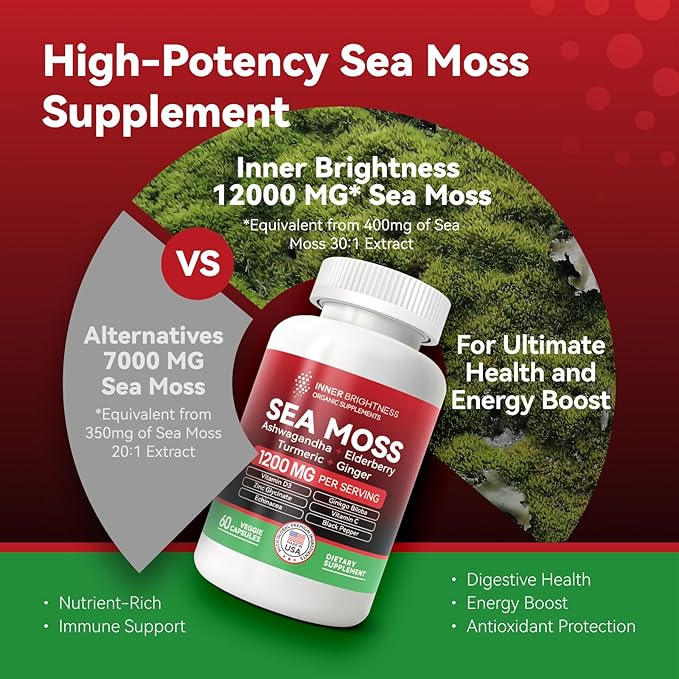 All-in-1 Irish Sea Moss Pills with Ashwagandha, Ginkgo Biloba, Turmeric & Vitamin C for Energy, Focus & Immune Support - 60ct Sea Moss Pills
