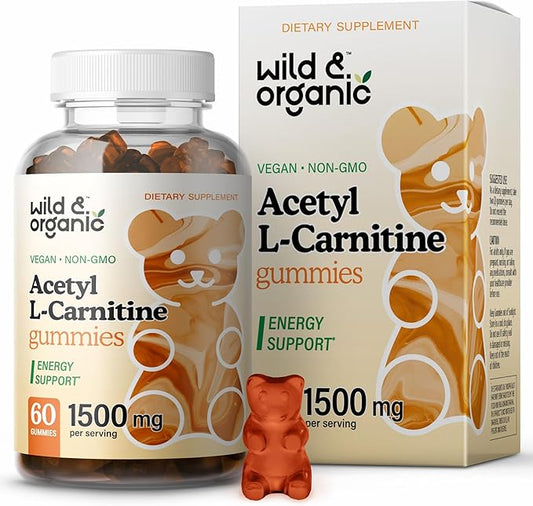 Wild & Organic Acetyl L-Carnitine 1500mg Gummies - Alcar Chews for Brain & Energy Support - L Carnitine Supplement with 60 Count - Energy and Focus Gummies with Acetyl Powder