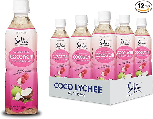 "Savia - Coconut Lychee Aloe Vera Drink, Quality Aloe-Based Beverage, Made with Real Aloe Pulp & Natural, Delicious & Refreshing, Vegetarian, Gluten-Free, Fat-Free (16.9oz, 12-Pack)"