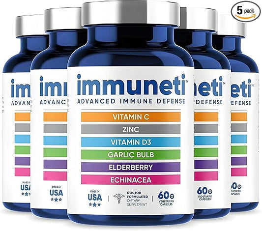 Immuneti - Advanced Immune Defense, 5-in-1 Powerful Blend of Vitamin C, Zinc, Elderberries, Garlic Bulb, Echinacea - 5 Pack - Supports Overall Health, Provides Vital Nutrients & Antioxidants