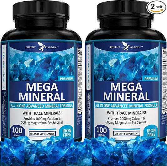 Potent Garden 2-Pack Mega Mineral Supplement Complete Mineral Complex with Calcium Magnesium Zinc Potassium Boron Selenium Chromium & 72 Trace Minerals Iron Free Calcium Supplement -200 Pills