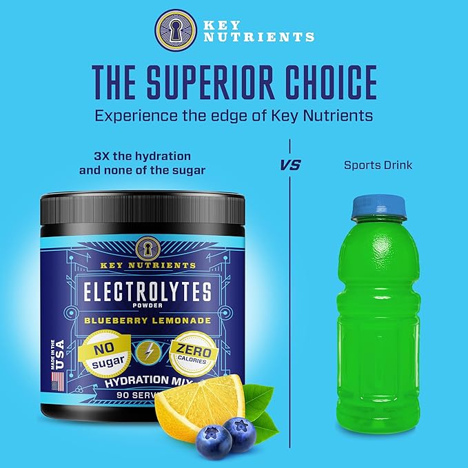KEY NUTRIENTS Multivitamin Electrolytes Powder No Sugar - Fresh Blueberry Lemonade Electrolyte Powder - Endurance & Energy Supplement - Hydration Drink - No Calories - 90 Servings - Made in USA