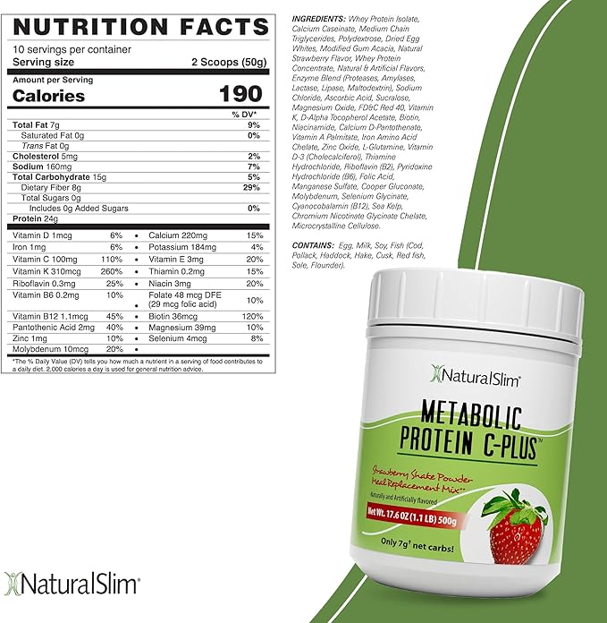 Naturalslim Protein Powder with Vitamins and Minerals Metabolic C-Plus - Meal Replacement Powder Fortified with Vitamin C, Zinc & Amino Acid - Strawberry Protein Powder 10 Servings 1.1 lb.