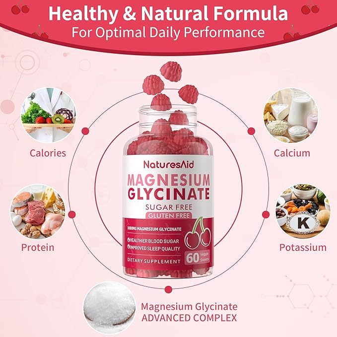 Magnesium Glycinate Gummies - Sugar Free Magnesium Potassium Supplement with Vitamin D, B6, CoQ10 for Calm Mood & Sleep Support - 60 Cherry Gummies -1 Pack