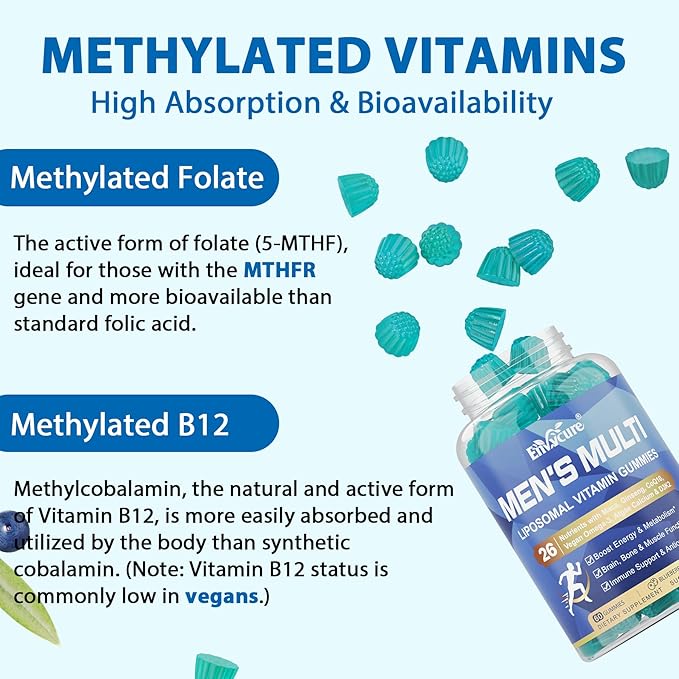 Methylated Multivitamin for Men Gummies, Vegan Omega 3, CoQ10, Zinc, Vitamin A C D3 K2 E B Complex, Calcium, Magnesium, Lycopene - Liposomal Vitamins - Energy, Immune, Bone, Brain, Sugar Free, 120 Cts