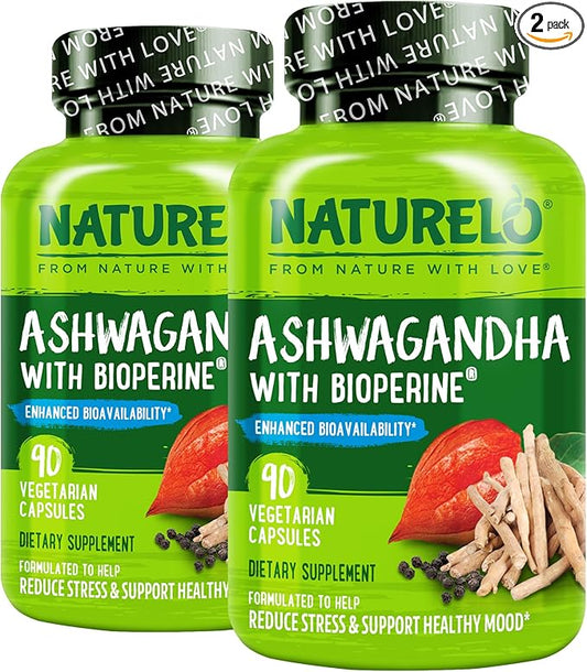 NATURELO Ashwagandha Organic Root Powder - Natural Herbs Supplement for Fatigue, Stress Relief, Mood Enhancer - with Black Pepper Extract - 90 Vegan Capsules (Pack of 2)