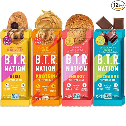 B.T.R. Nation Superfood Keto Protein Bar - Plant Based Vegan Protein | (12 Pack) Variety Pack | Low Carb Food, Low Calorie, Gluten Free, No Sugar Alcohols, Boosted with Superfoods
