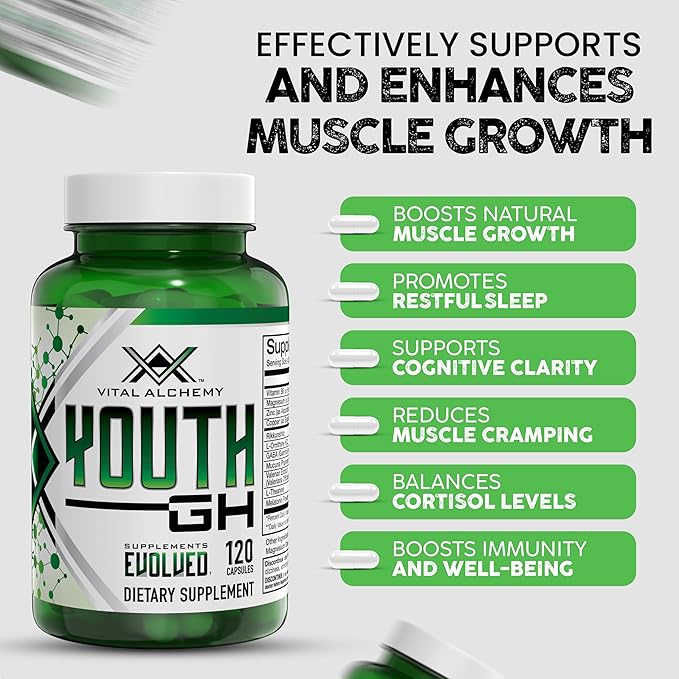 Vital Alchemy Supplements Youth with L theanine, melatonin, Valerian, GABA, Magnesium, zinc and Others for Natural Vitamins & Minerals, Muscle Growth, Energy, Endurance & Recovery - 120 Capsules