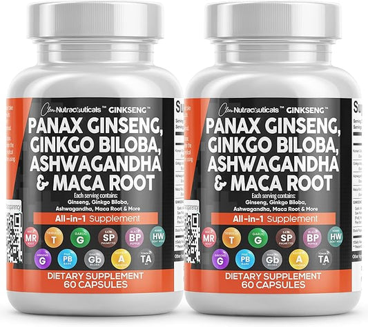 Clean Nutraceuticals Panax Ginseng 10000mg Ginkgo Biloba 4000mg Ashwagandha Maca Root 3000mg - Focus Supplement Pills for Women and Men with Pine Bark Extract, Garlic, and Saw Palmetto - 2Pack