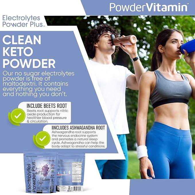Electrolytes Powder Plus (100 Servings) Blueberry Grape Electrolyte Powder Sugar Free, Keto, 0 Sugar, No Maltodextrin, 1000mg Potassium, 120mg Calcium, 120mg Magnesium, Hydration Powder