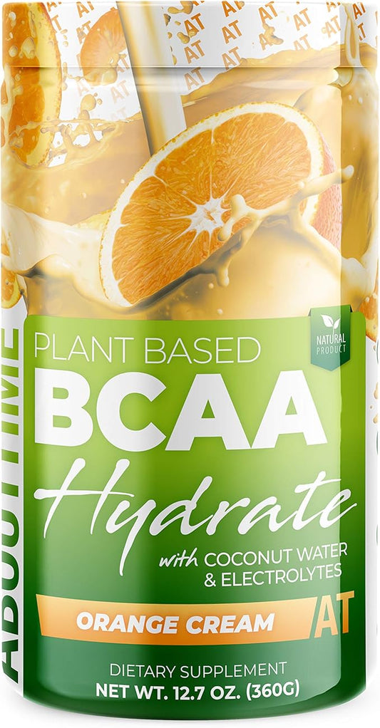About Time Plant Based BCAA Hydrate Clear with L-Glutamine & Electrolytes (Non-GMO, Gluten Free, Monk Fruit) - Orange Cream, 20 Servings