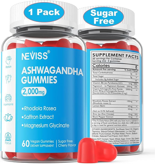 Sugar Free Ashwagandha Gummies - with Magnesium Glycinate, Rhodiola Rosea, Zinc, Lemon Balm, B6 - Relaxation Support, Natural Zzz, Stamina, Energy for Men Women - 60 Counts