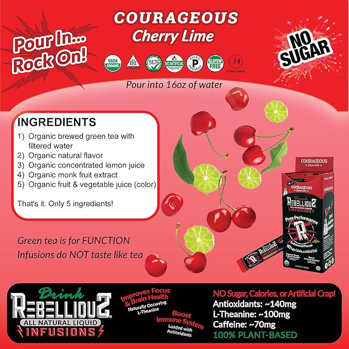 Courageous Cherry Lime Organic Energy Drink Mix – No Sugar, Loaded with Antioxidants, L-Theanine, and Natural Caffeine – 10 Count