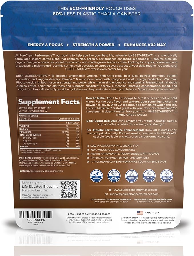 UNBEETABREW Mushroom Coffee – Energizing Plant-Based Pre-Workout with Beet Juice, Adaptogens, L-Theanine & D-Ribose – Boost Focus, Strength & Stamina – Organic Instant Arabica Beans - 30 Servings