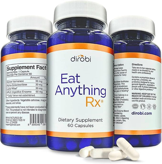 Dirobi Eat Anything Xylose Isomerase Fructose Malabsorption Enzymes, FODMAP Supplement, Digestive Enzymes for Better Lactose, Fat, Protein & Carbohydrate Digestion Gas & Bloating Relief 60 Capsules