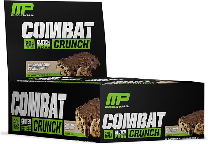 MusclePharm Combat Sport Bar, Chocolate Chip Cookie Dough, High Protein Bars, Combat Cravings, Fuel Performance & Meet Energy Demands, 20g Protein from Whey Protein, 5g Fiber, Gluten Free, 12 Bars