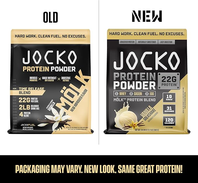 Jocko Fuel Mölk Whey Protein Powder 22g Protein - Low Sugar Monk Fruit Blend - Muscle Recovery & Growth, Packaging May Vary (31 Servings, Vanilla Milkshake)
