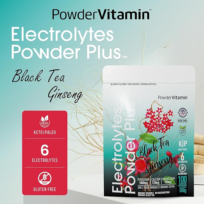 Electrolytes Powder Plus (100 Servings) Black Tea Ginseng Electrolyte Powder Keto, Sugar Free, Pink Himalayan Salt,1000mg Potassium,120mg Calcium,120mg Magnesium, Hydration Powder