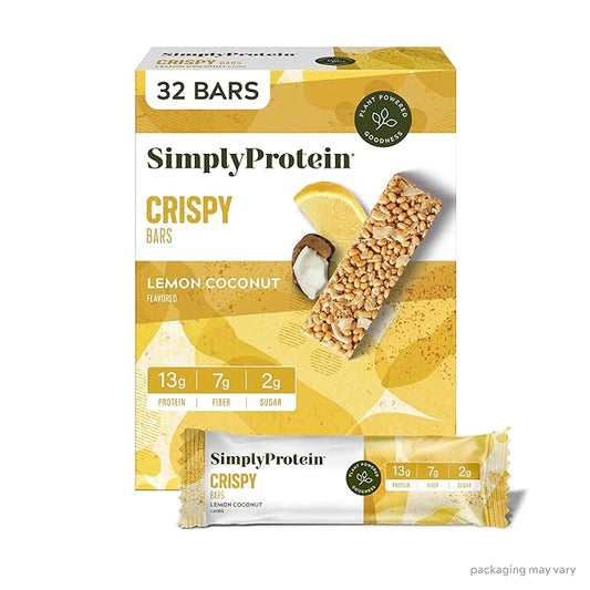 Simply Protein - Lemon Coconut Crispy Bars - Plant Based Protein Bars - Low Carb, Low Sugar, High Fiber - 13g Protein, 2g Sugar, 7g Fiber - Vegan, Gluten Free, Non GMO, Kosher - 32 Bars