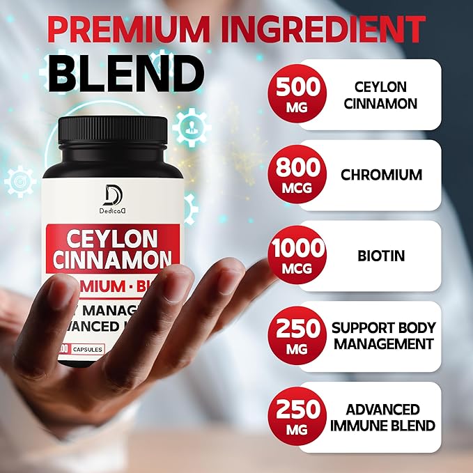 13in1 Ceylon Cinnamon Capsules - 200 Capsules with Chromium Picolinate, Biotin, Grape Seed, Elderberry & More