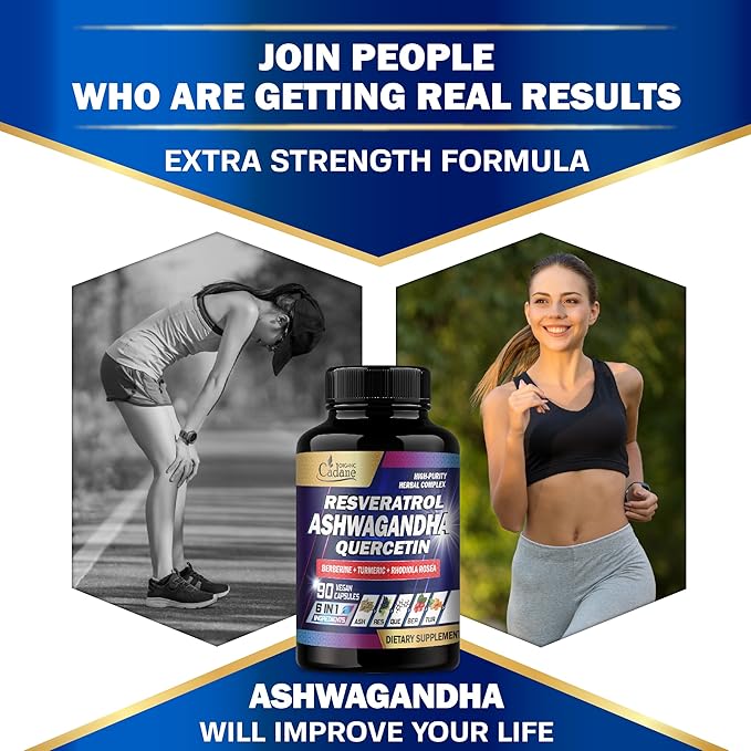 Organic Cadane Ashwagandha Supplements - 6 Premium Ingredients with Resveratrol, Quercetin, Berberine, Turmeric, Rhodiola Rosea - 90 Extract Capsules