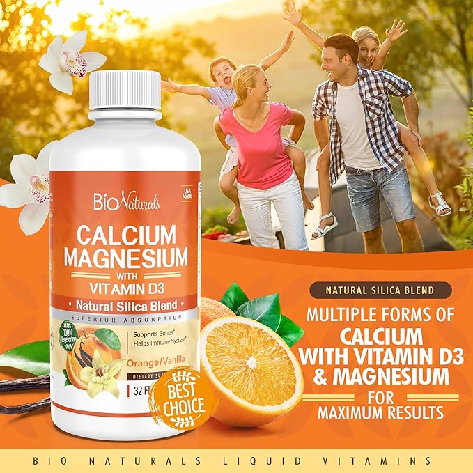 Bio Naturals Calcium & Magnesium Liquid Supplement with Vitamin D3 - Natural Formula, FOUR Types of Calcium Supports Strong Bones with Superior Absorption to Pills - 100% Vegetarian - 32 fl oz