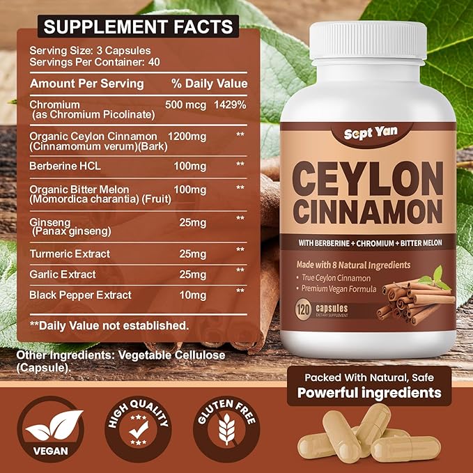 Ceylon Cinnamon Capsules 1200mg Cinnamon Bark Supplements with Chromium, Berberine HCL & Turmeric, Vegan, 120 Capsules, Energy, Metabolism, Heart & Immune Support