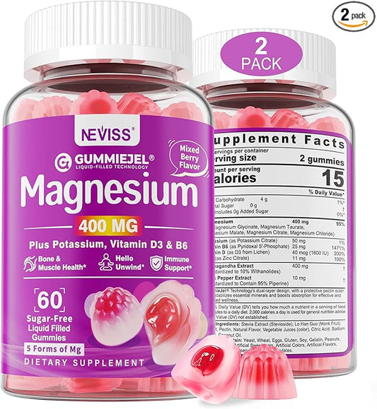 Sugar-Free Magnesium Gummies 400mg | Made in USA | 5-in-1 Complex: Glycinate, Citrate, Malate, Chloride & Taurate | with Ashwagandha, Vitamin D3 & Zinc | Muscle, Mood & Energy Support | Vegan, 2-Pack