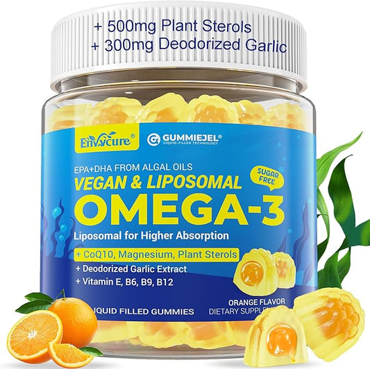 Vegan Omega-3 Gummies 1000mg +CoQ10+Magnesium- EPA 600mg & DHA 400mg, Fish Oil Omega 3 Supplements Alternative for Women Men- Liposomal Algae- Plant Sterols, Deodorized Garlic, B6,B9, B12, Sugar Free