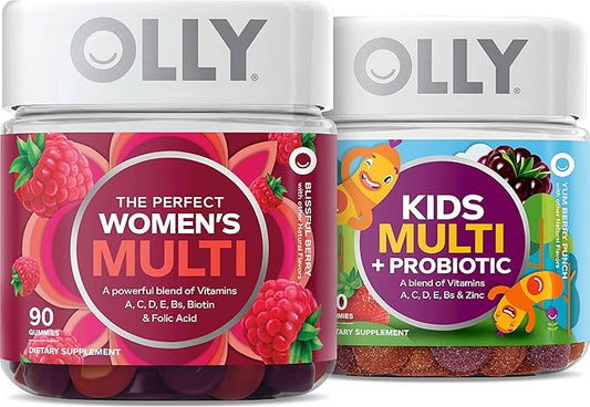OLLY Gift, Family 2 Pack: Women's Multivitamin Gummy (90 Count), Kids Multivitamin + Probiotic Gummy (70 Count), Vitamins A, D, C, E, B, Chewable Supplement, Blissful Berry, Yum Berry Punch, 160 Count