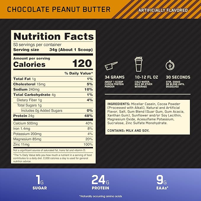 Optimum Nutrition Gold Standard 100% Micellar Casein Protein Powder, Slow Digesting, Helps Keep You Full, Overnight Muscle Recovery, Chocolate Peanut Butter, 4 Pound (Packaging May Vary)
