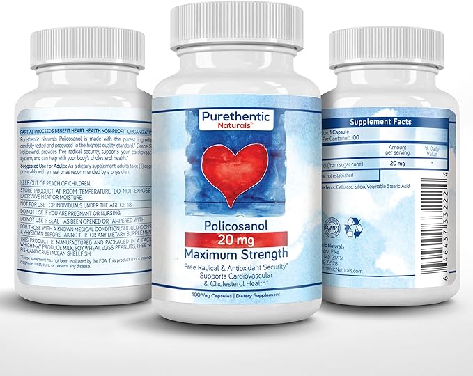 Purethentic Naturals Policosanol 20mg | Supports Cardiovascular & Cholesterol Health* | Free Radical & Antioxidant Protection* | from Pure Sugar Cane with No Unnecessary Fillers | 100 Veg Capsules