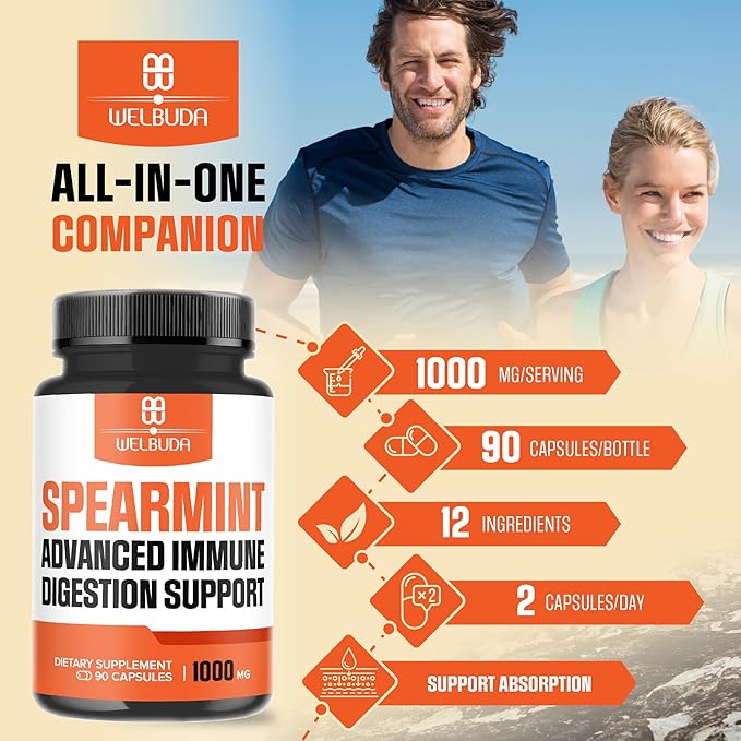 1000mg Spearmint Capsules with Elderberry, Echinacea, Berberine HCI & More - Support Digestive, Relaxation Mood, Respiratory Function & Immune System - 90 Veggie Capsules