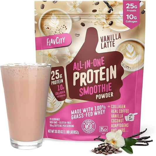 FlavCity Grass Fed Whey Protein Powder - Vanilla Latte - 25g Protein, 10g Collagen & 60mg of Caffeine - Made With Real Vanilla Bean & Organic Coconut - Gluten Free & No Added Sugars (20 Servings)