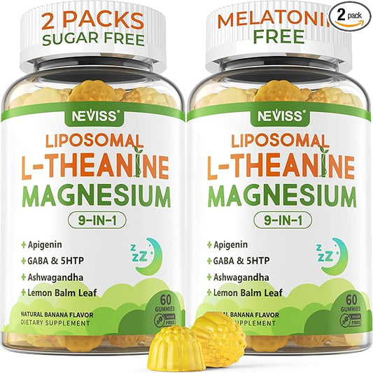 Liposomal L-Theanine 200mg Magnesium Glycinate 400mg Gummies with GABA, 5HTP, Apigenin, Vitamin B6 & D3, Ashwagandha, Lemon Balm Leaf, Melatonin Free Sleep Chewable for Relax Mood & Muscle, 2 Packs