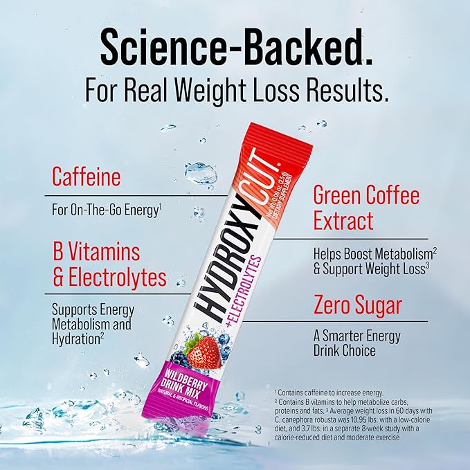 Hydroxycut Drink Mix, Wildberry Blast - 21 Travel-Size Packets - Zero Calories, Zero Sugar - Boost Metabolism, Burn Calories, Increase Energy - for Women & Men