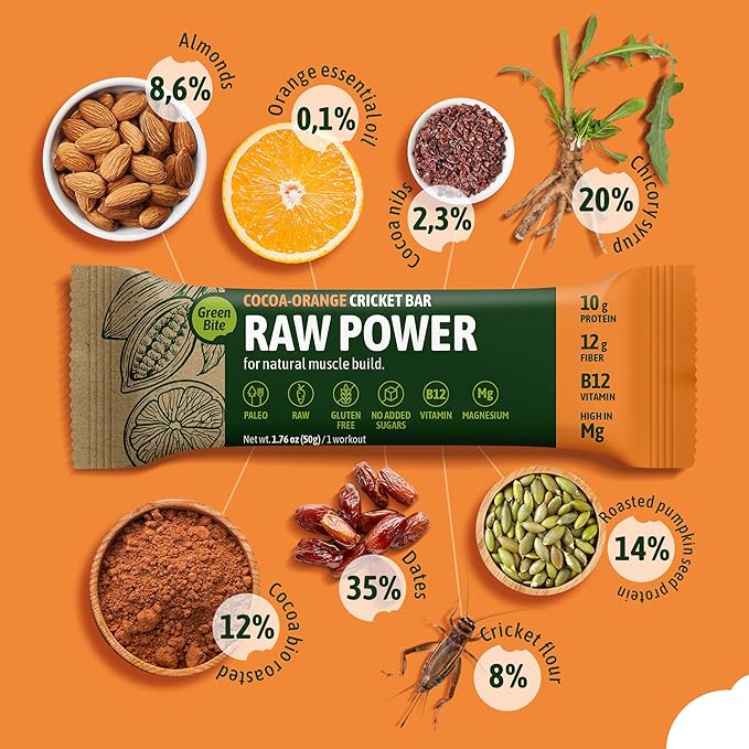 Raw Power Cocoa Orange Cricket Bar, Fit and Active Protein Bars, Nutritious Paleo Diet Snacks, Meal Replacement Bars with Cricket Protein, Energy Bar for Post Workout, Pack of 8 - Green Bite