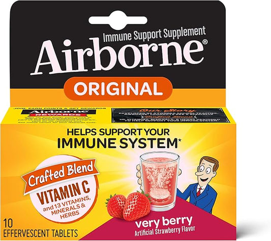 Vitamin C 1000mg (per Serving) - Airborne Very Berry Effervescent Tablets (10 Count in a Box), Gluten-Free Immune Support Supplement, with Vitamins A C E, ZINC, Selenium, Echinacea & Ginger