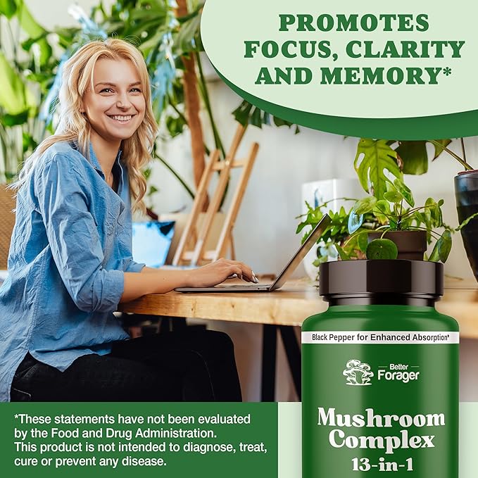 Mushroom Complex Capsules, 13-in-1 Mushroom Supplement, Lion's Mane, Reishi, Cordyceps, & More, Promotes Focus, Clarity, & Memory, Extract Supplement, 1 Month Supply, 60 Count