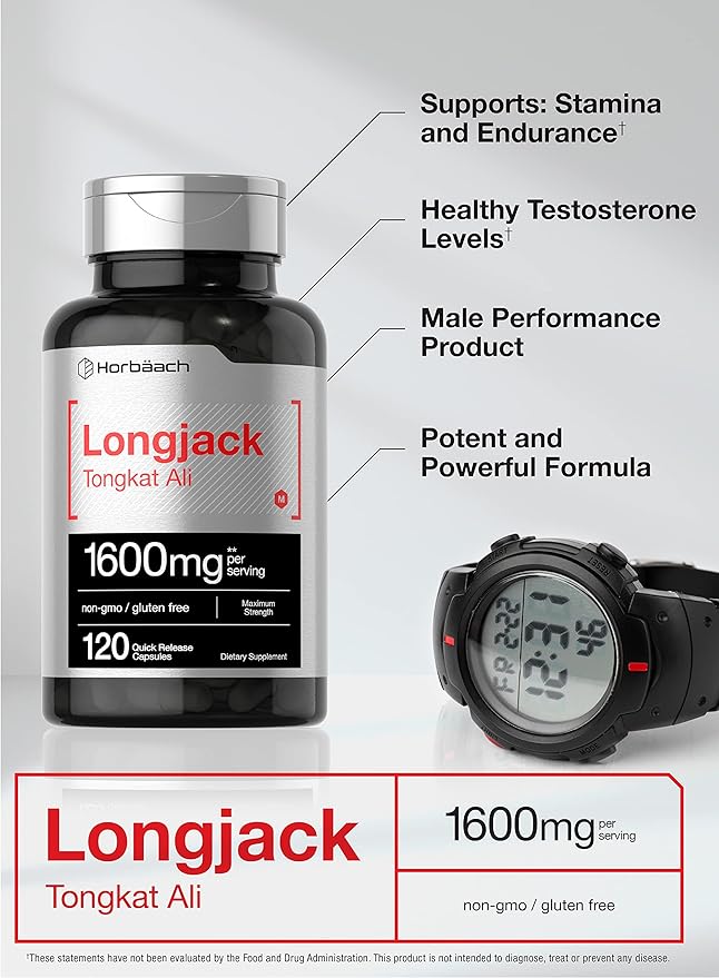 Horbäach Longjack Tongkat Ali for Men and Women | 1600mg | 120 Capsules | Extract Supplement | Maximum Strength Pills | Eurycoma Longifolia | Non-GMO and Gluten Free