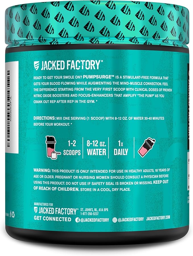 Jacked Factory Pumpsurge Caffeine Free Pre Workout for Men & Women - Nootropic Booster & Stim Free Pre Workout - Intense Pumps, Enhanced Focus - 30 Servings, Strawberry Lemonade