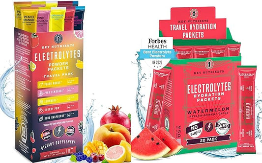 KEY NUTRIENTS Ultimate Hydration & Energy Bundle: Variety Pack 5 Flavor Multivitamin Electrolyte Powder 10 Pack & Watermelon Electrolyte 20 Packet – Sugar-Free, Zero Calories