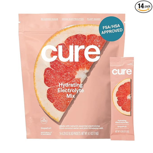 Cure Hydration Plant Based Electrolyte Mix | Powder for Dehydration Relief | Made with Coconut Water | No Added Sugar | FSA & HSA | Vegan | Paleo Friendly | Pouch of 14 Packets - Grapefruit