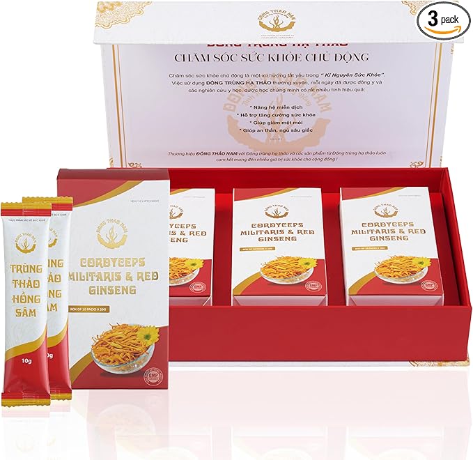Dong Thao NAM - Organic Red Ginseng and Cordyceps Powder, 6 in 1 Herbal Extract, Increases Alertness, Increases Energy and Reduces Fatigue, Caffeine Free, Pack of 30