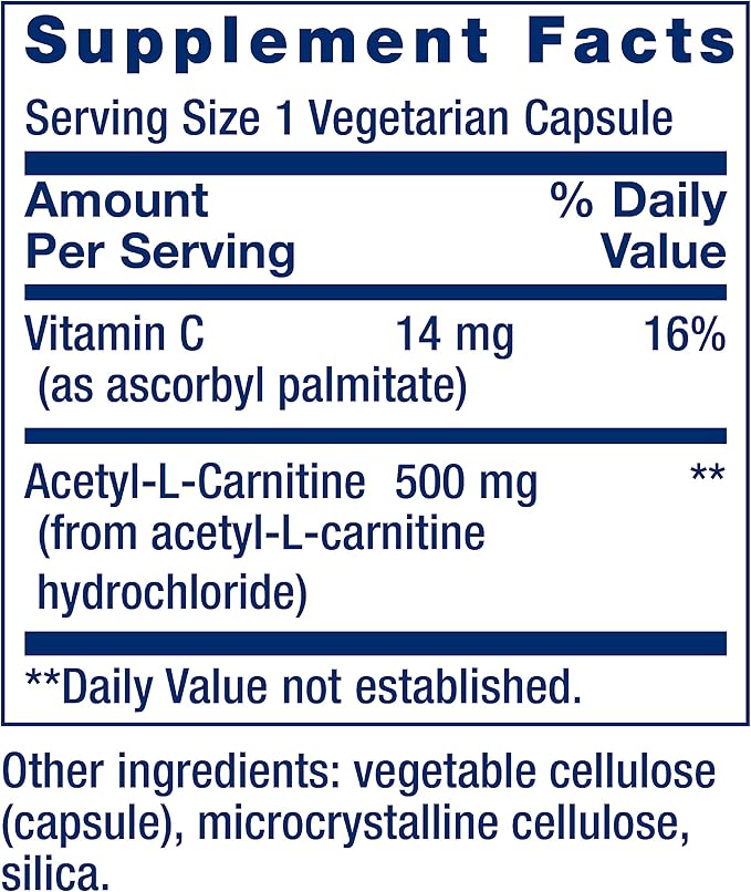 Life Extension Acetyl-L-Carnitine, Acetyl-L-Carnitine, Vitamin C, Brain, Mood & Nerve Health, Cellular Energy, 3-Month Supply, Gluten-Free, Non-GMO, Vegetarian, 100 Capsules