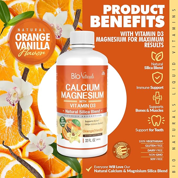 Bio Naturals Calcium & Magnesium Liquid Supplement with Vitamin D3 - Natural Formula, FOUR Types of Calcium Supports Strong Bones with Superior Absorption to Pills - 100% Vegetarian - 32 fl oz