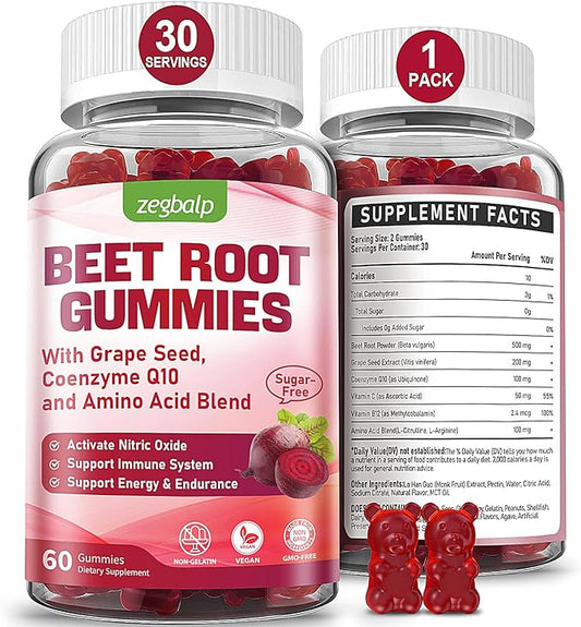 Beet Root Supplements Gummies for Adults - 500 mg Superbeet with CoQ10, Grape Seed & Vitamin C for Men & Women - Sugar Free Beetroot Gummies for Antioxidant, Energy Support